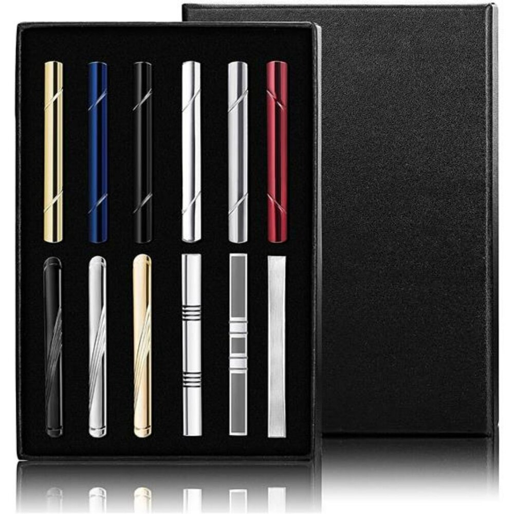 Mens Tie Clip Set Black Silver Bar Clips Wedding Business Formal Accessories